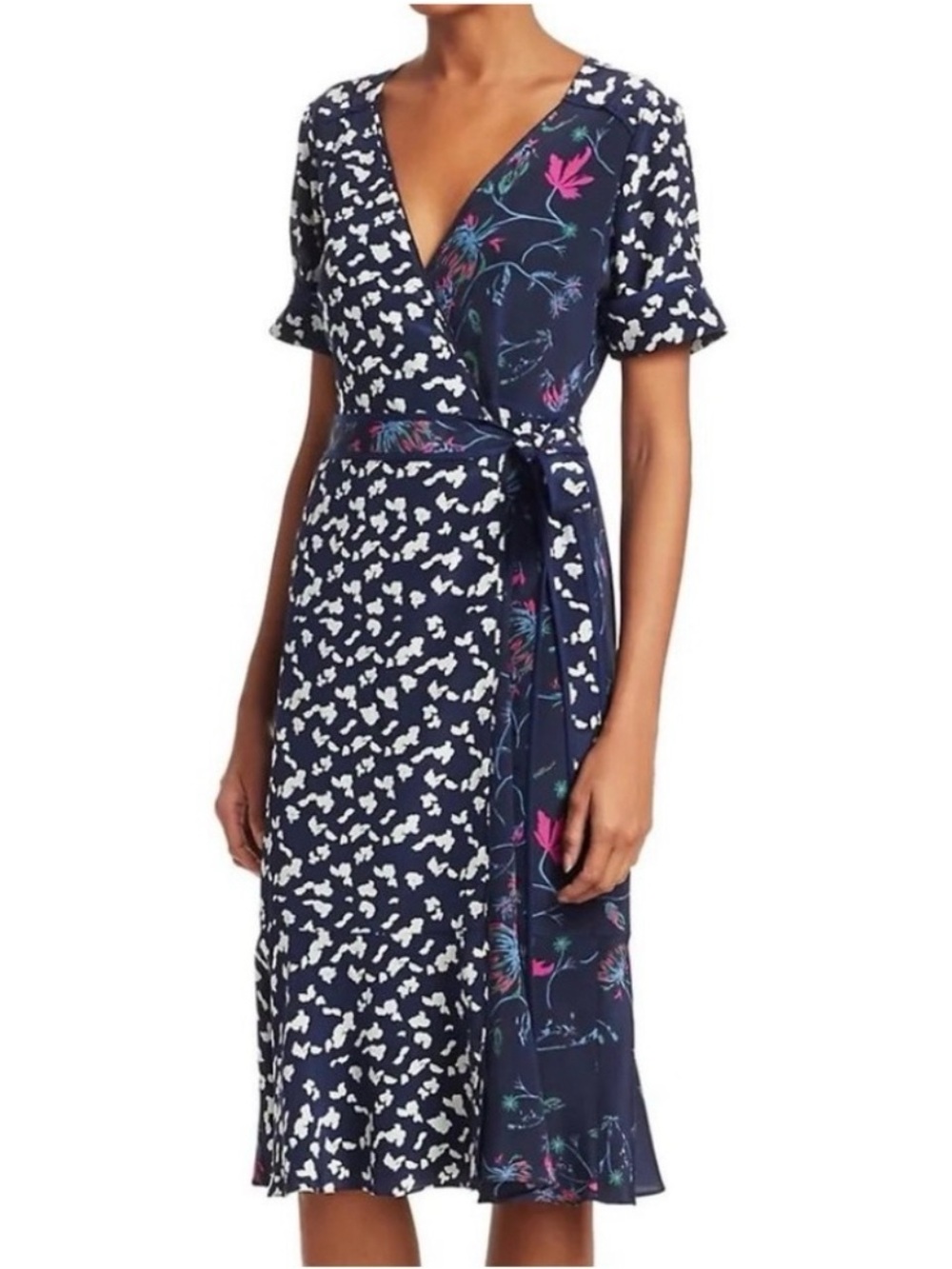 TANYA TAYLOR Luisa Mixed Print 100% Silk Wrap Dress Sz 2 Navy Pink